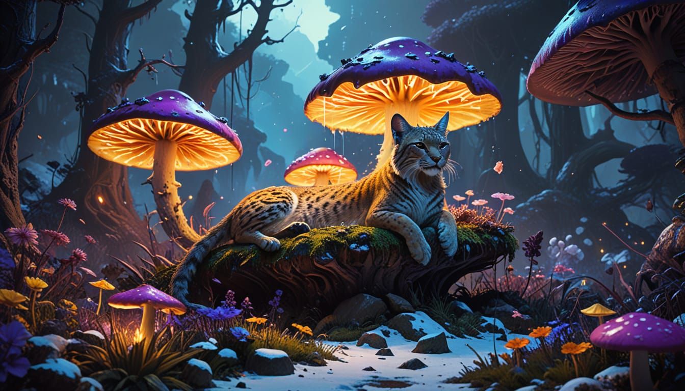 Surreal Landscape with a Resting Iberian Lynx and Vibrant Ne...