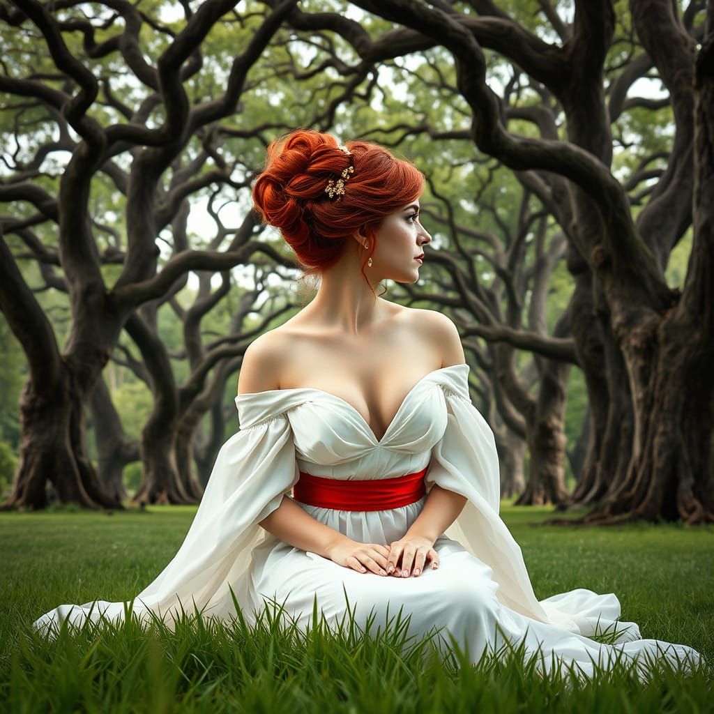 Ethereal Pre-Raphaelite Beauty in Crimson and White