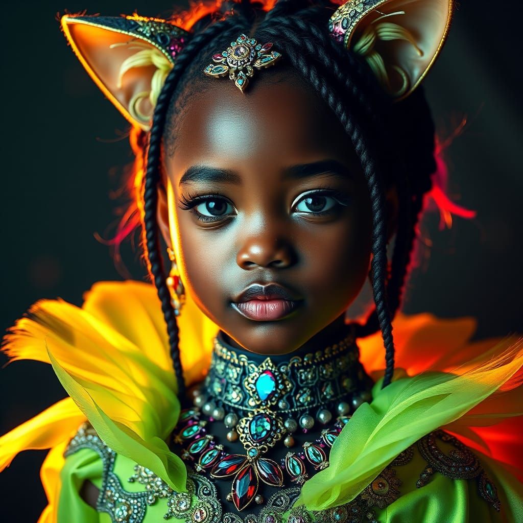 Black Child Model in Neon Green Cat Costume