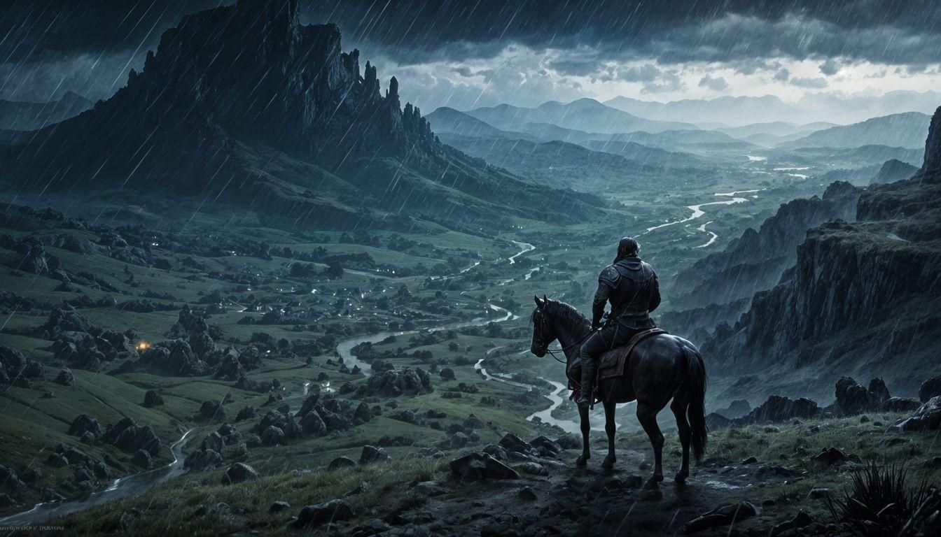 Medieval Rider in Stormy Night Valley