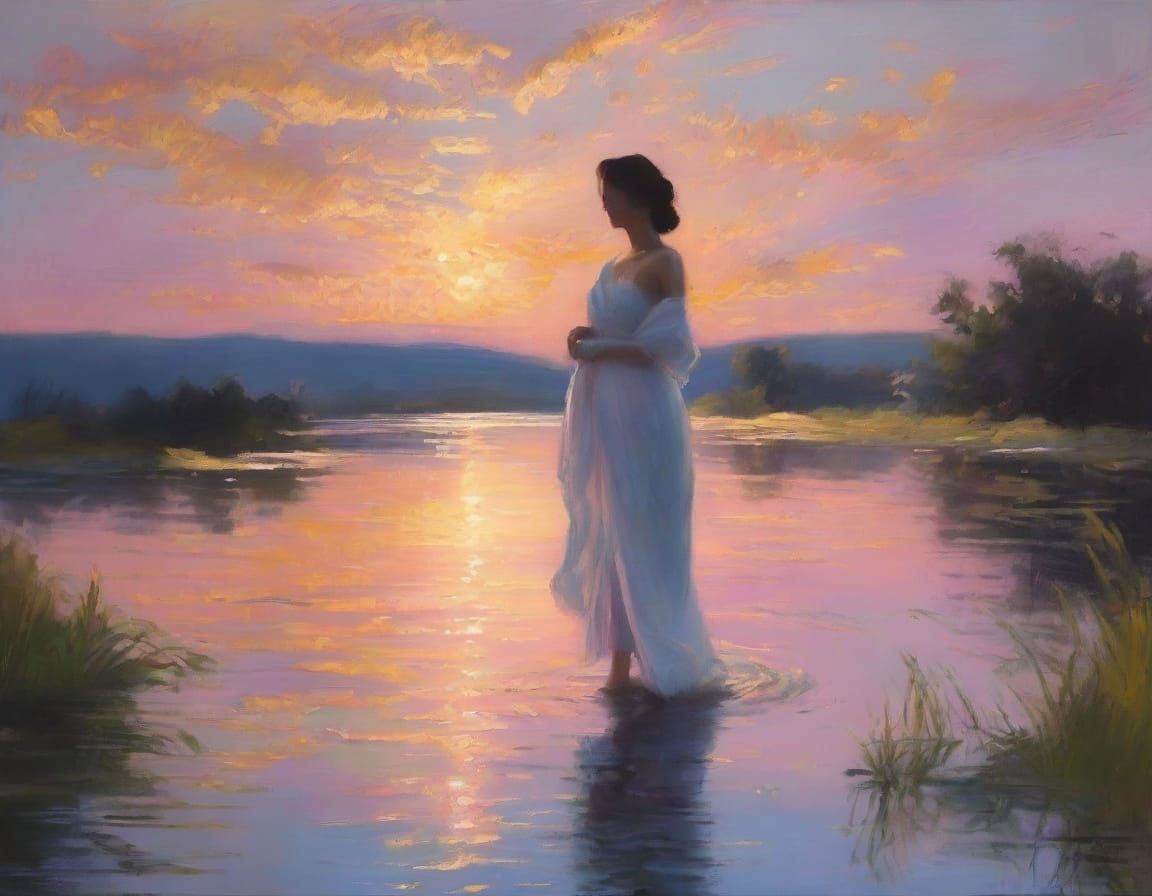 Serene Woman by a Lake in Impressionist Oil Painting Style