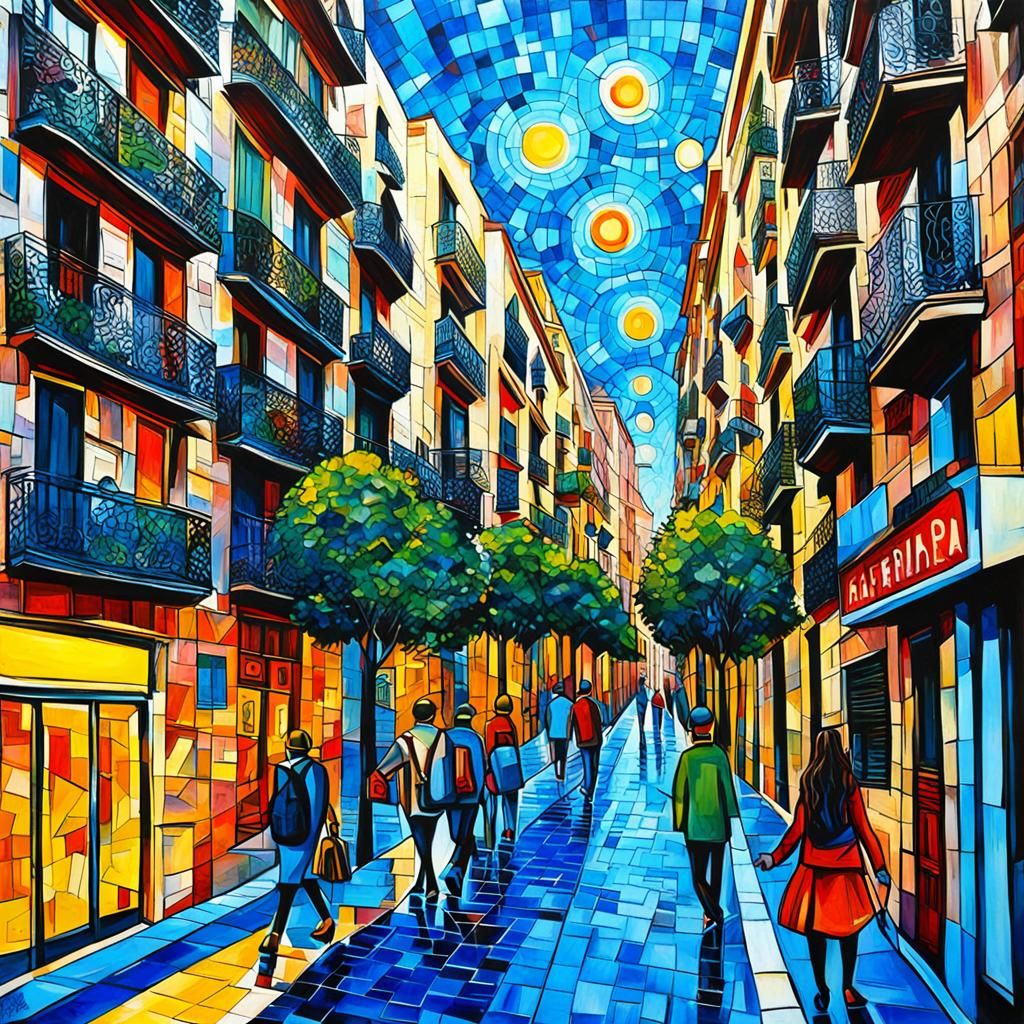 Barcelona Streets in Cubist Surrealism Style