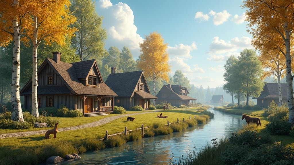 Autumnal Village Serenity in Golden Light