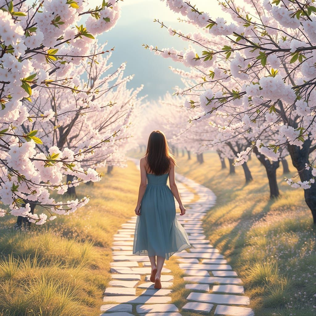 Serene Morning in a Cherry Blossom Garden