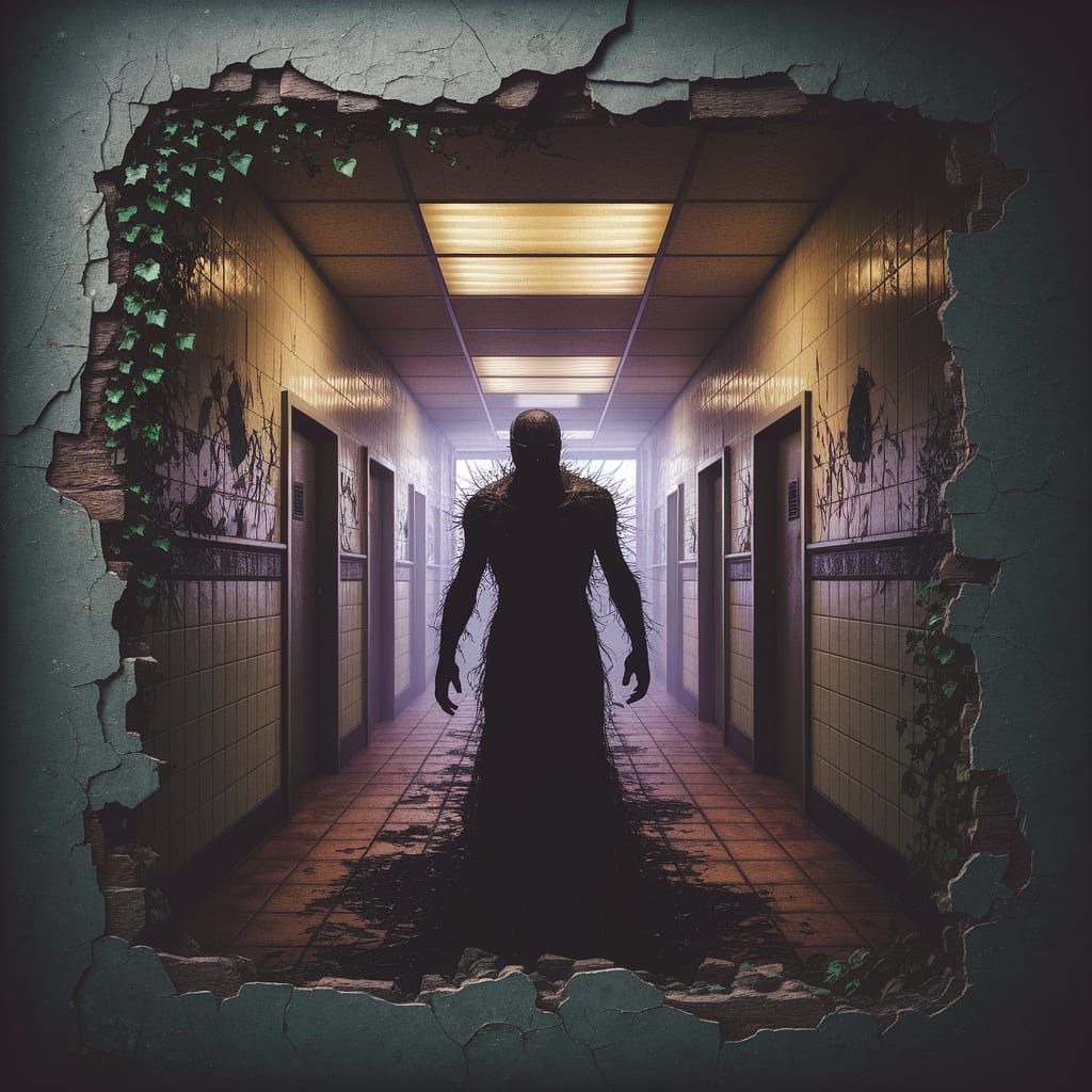 Haunting Hospital Corridor with Shadow Monster