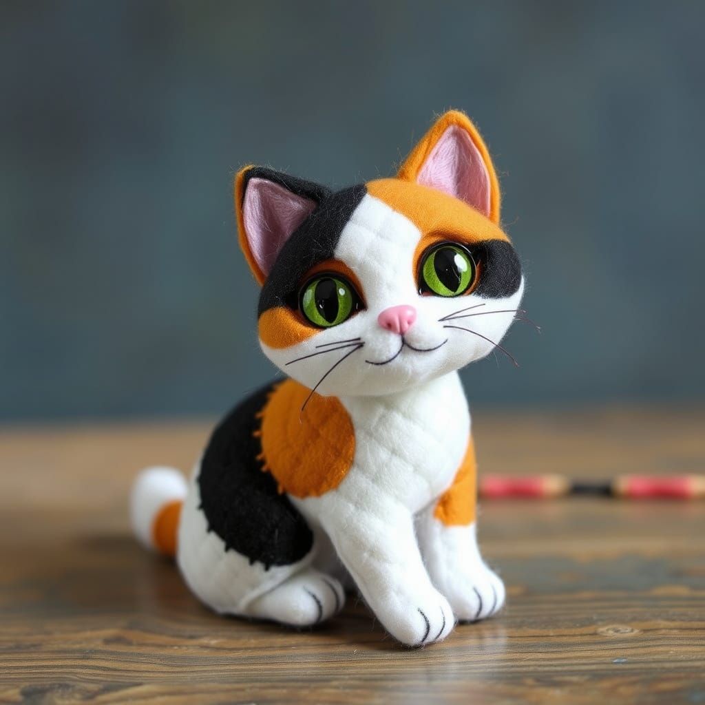 Cute Calico Cat Art Made from Felt Scraps
