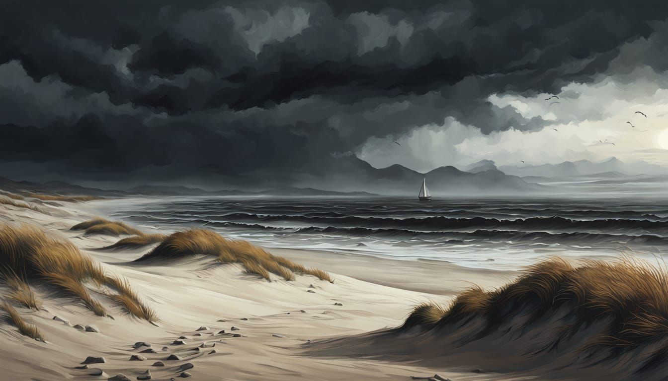 Gloomy Autumn Seashore at Dusk, Style of Caspar David Friedr...