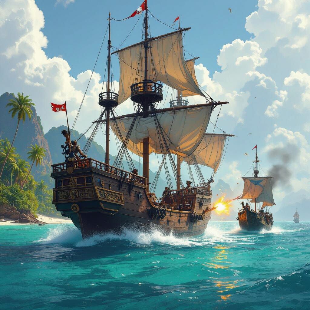 Redonian Warship Engages Pirates Near Tropical Island