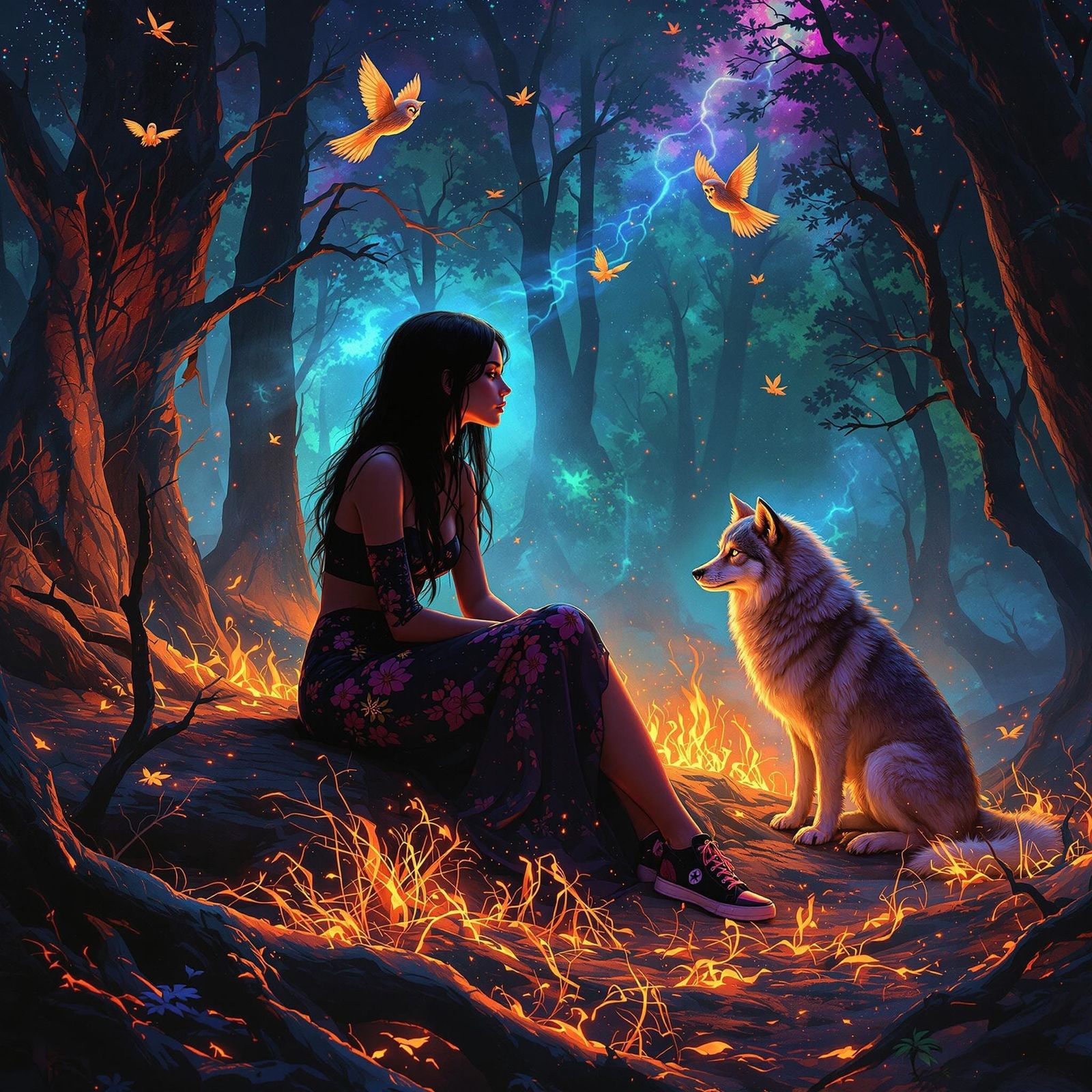 Girl Surrounded by Burning Trees with Wolf and Owls in Psych...