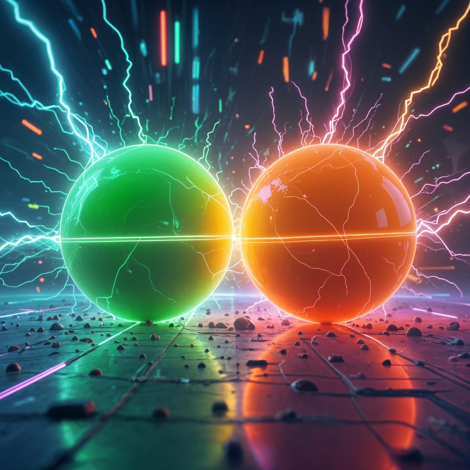 Neon Spheres Clash in Surreal Electric Atmosphere