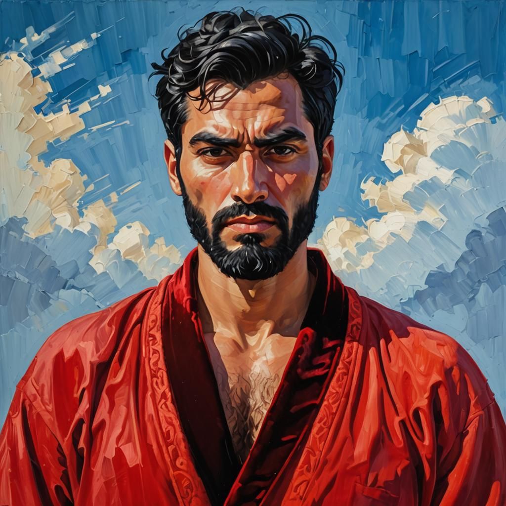 Middle Eastern Man in Red Bathrobe as Impasto Painting