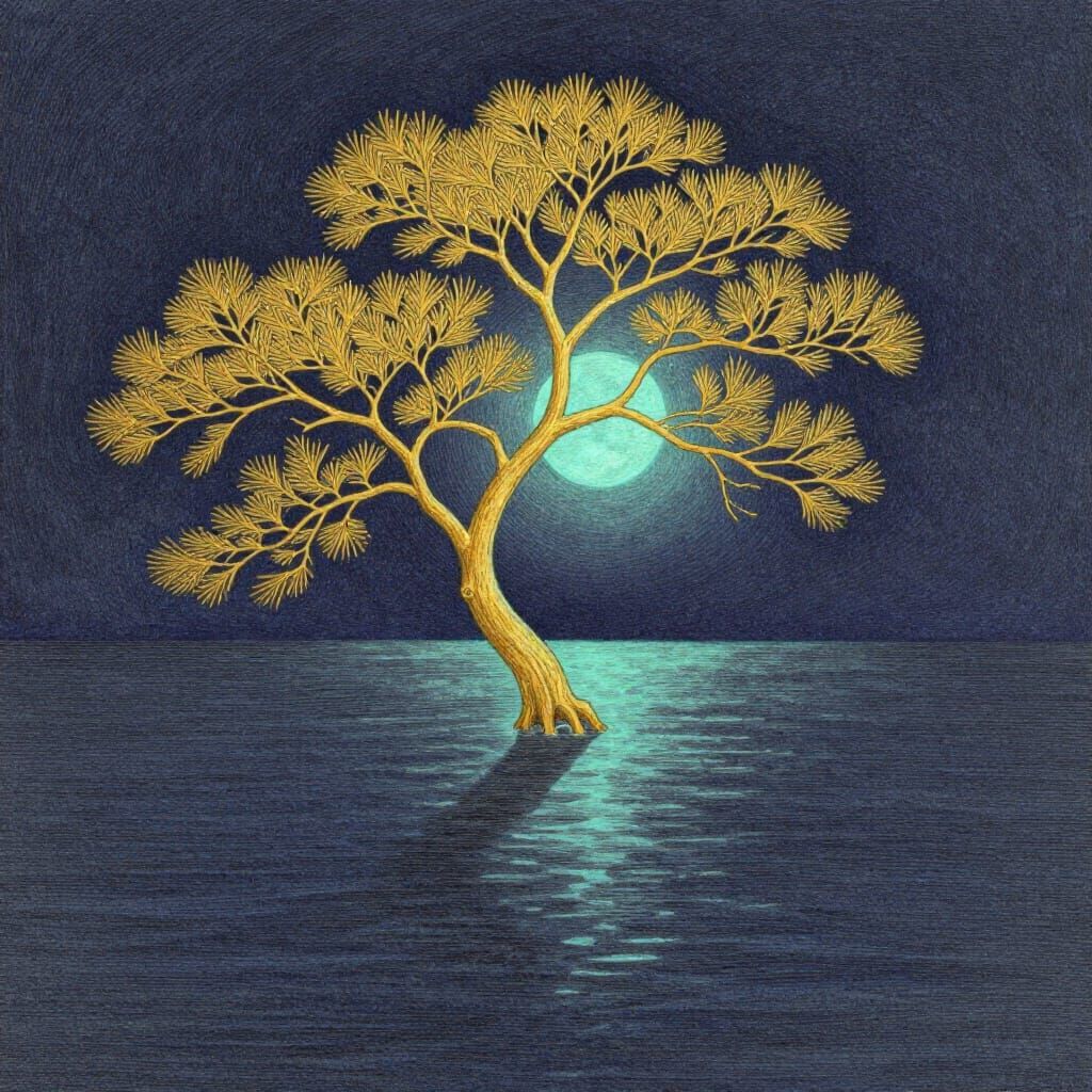 Golden Tree Branch Emerging From Calm Sea Under Moon Glow