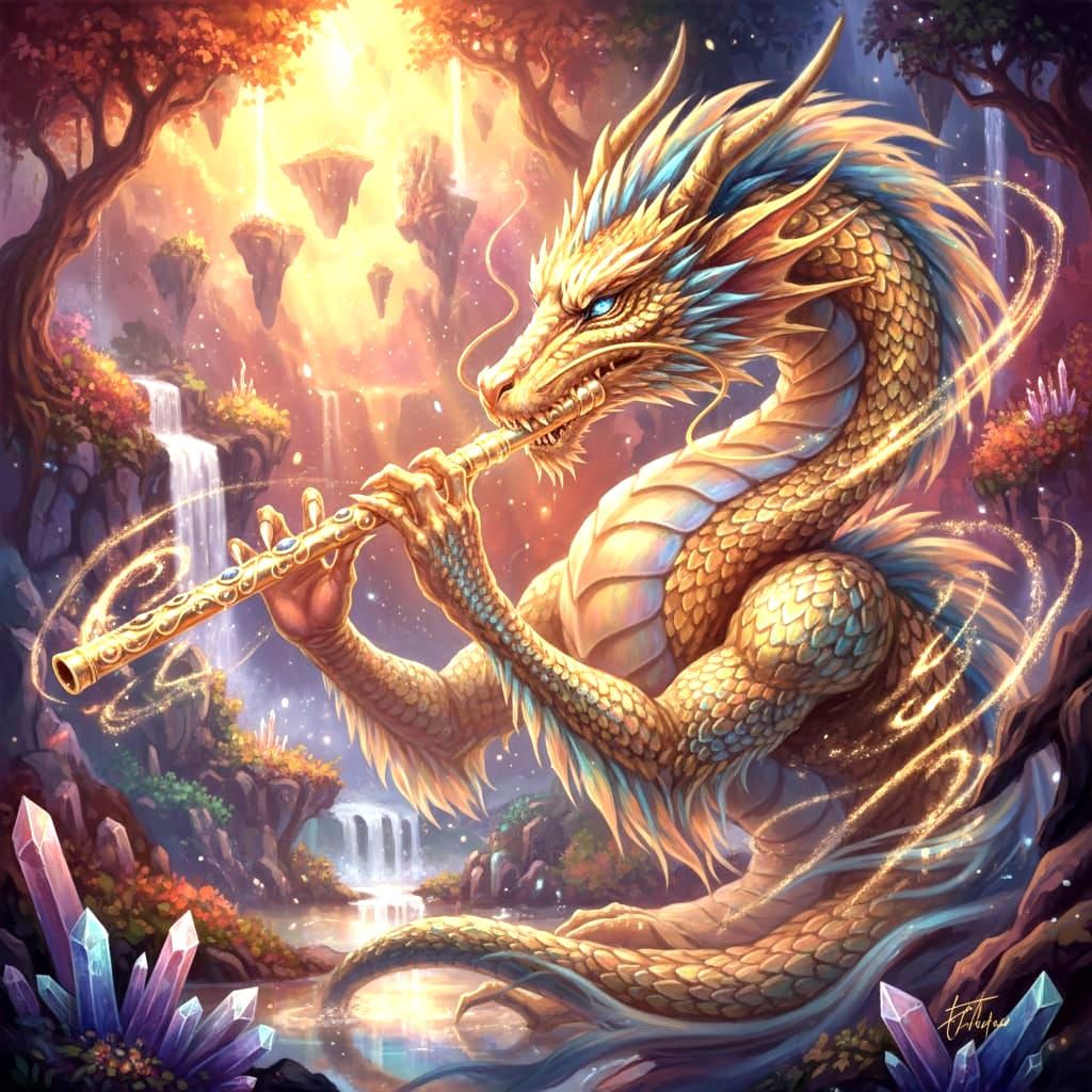 Majestic Golden Dragon Plays Golden Flute