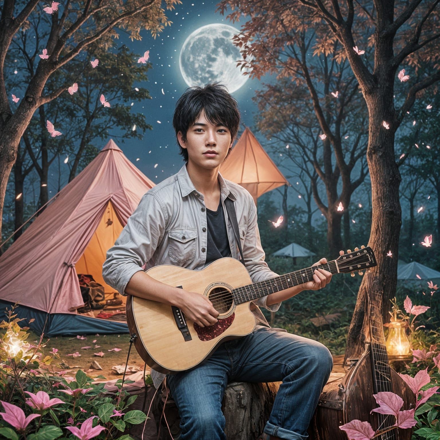 Boy Playing Guitar in Fantasy Forest Night