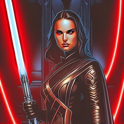 sith warrior Padme Amidala, holding a red whip saber, throne room