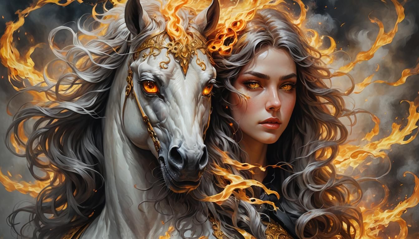 Fantasy Fire Horse Girl Portrait as Oil Painting
