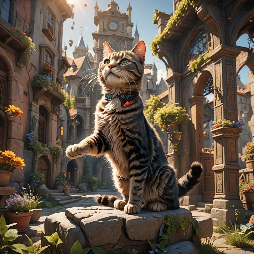 Cat Stretching in Sunlight: Detailed Matte Painting