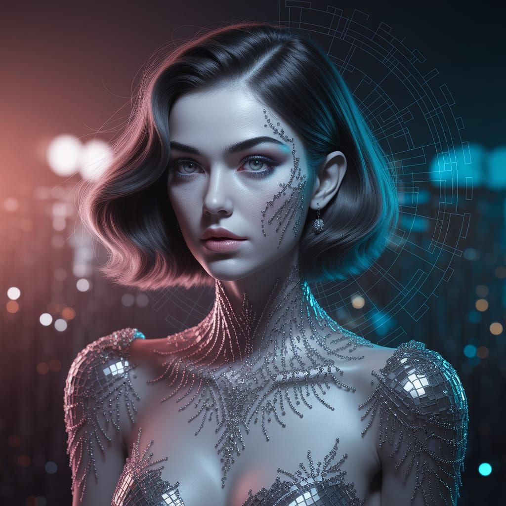 Elegant Woman with Short Black Hair in Silver and Black