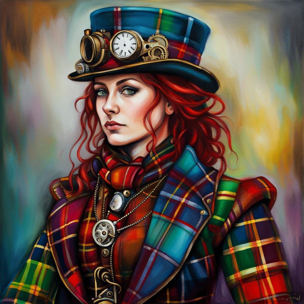 Colourful scottish steampunk wearing tartan