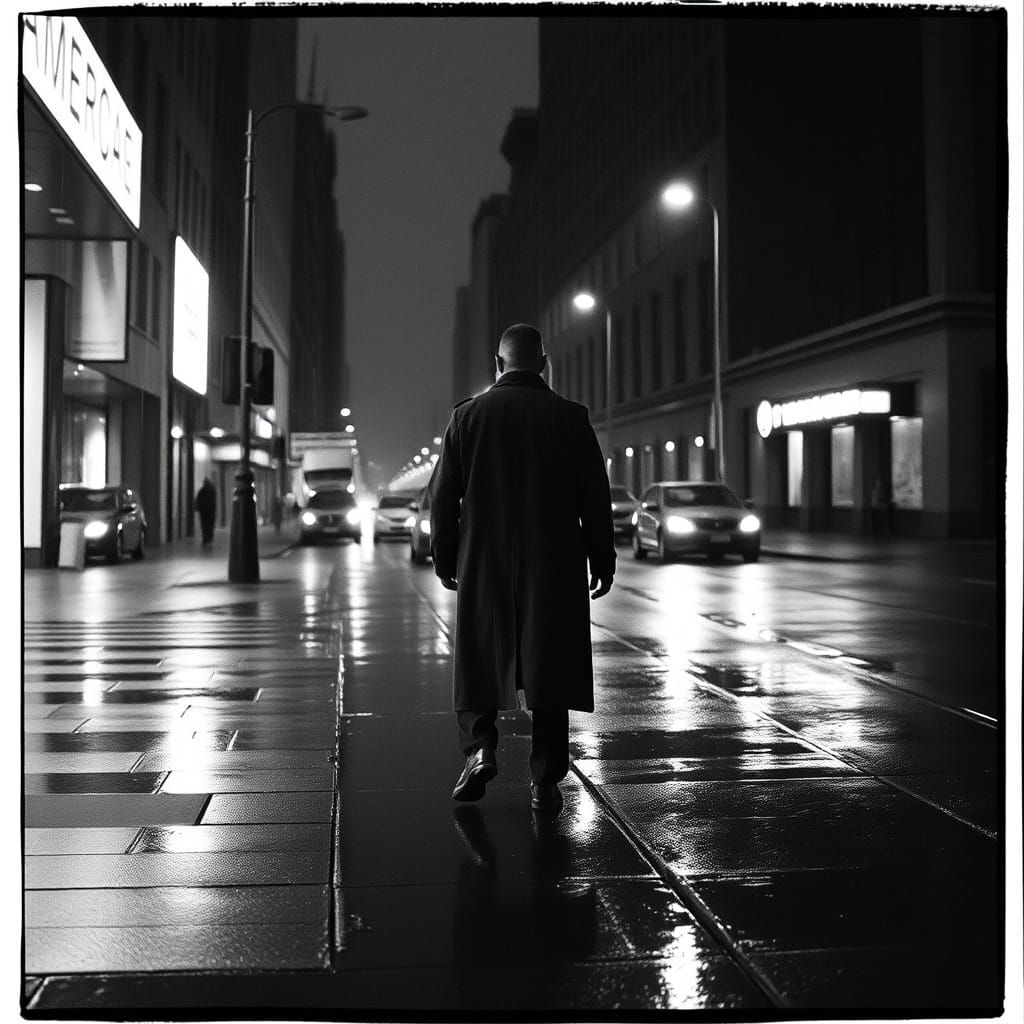 Noir Cityscape: Rainy Streets in Black and White