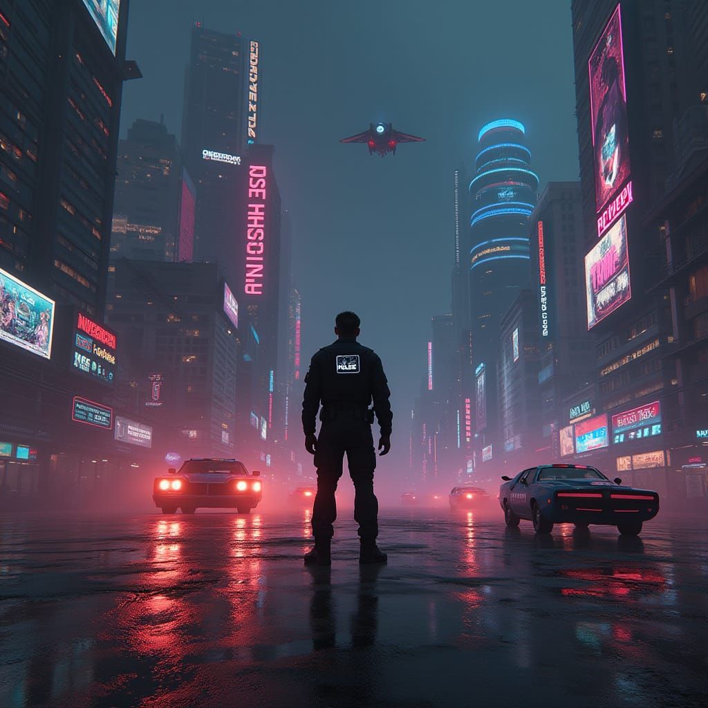 Cyberpunk Police Officer in Futuristic Cityscape