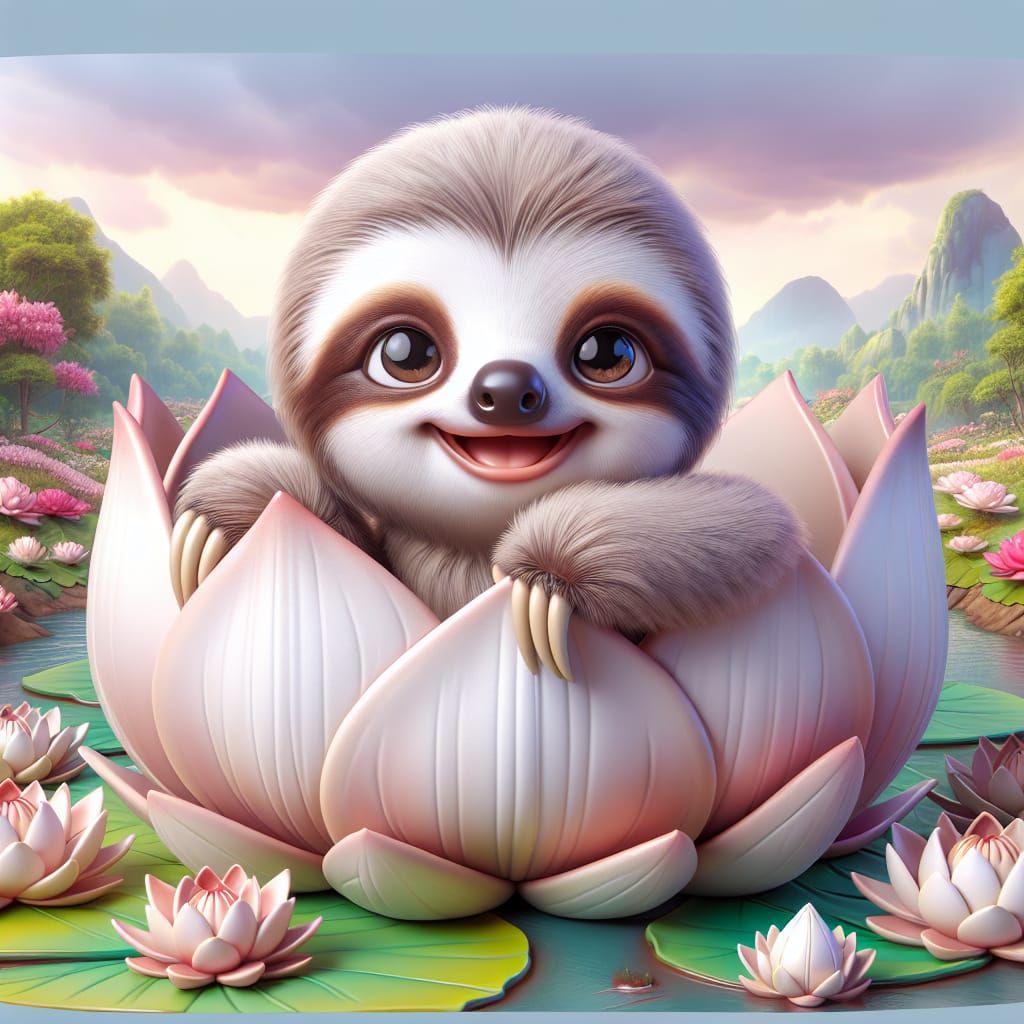 Disney Pixar style 3D adorable baby sloth, sitting inside an open lotus, smiling and sweet, beautiful background with lo...