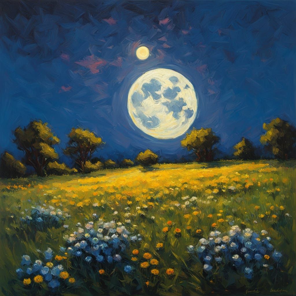 Impasto Oil Painting of Vibrant Meadow Under Bright Moon