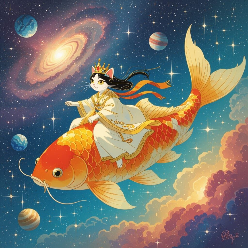 Celestial Cat Rides Koi Through Galaxy