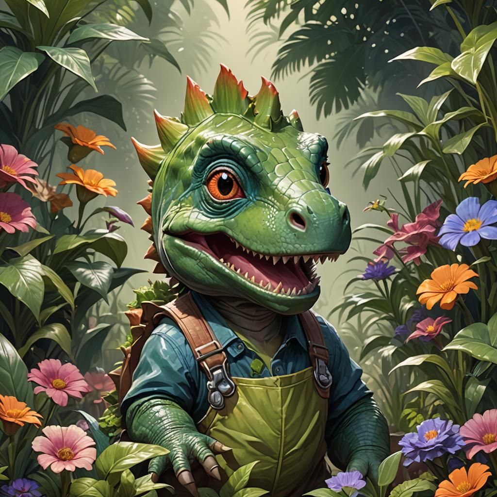 Cute Baby Dinosaur Gardener Portrait in Artgerm Style