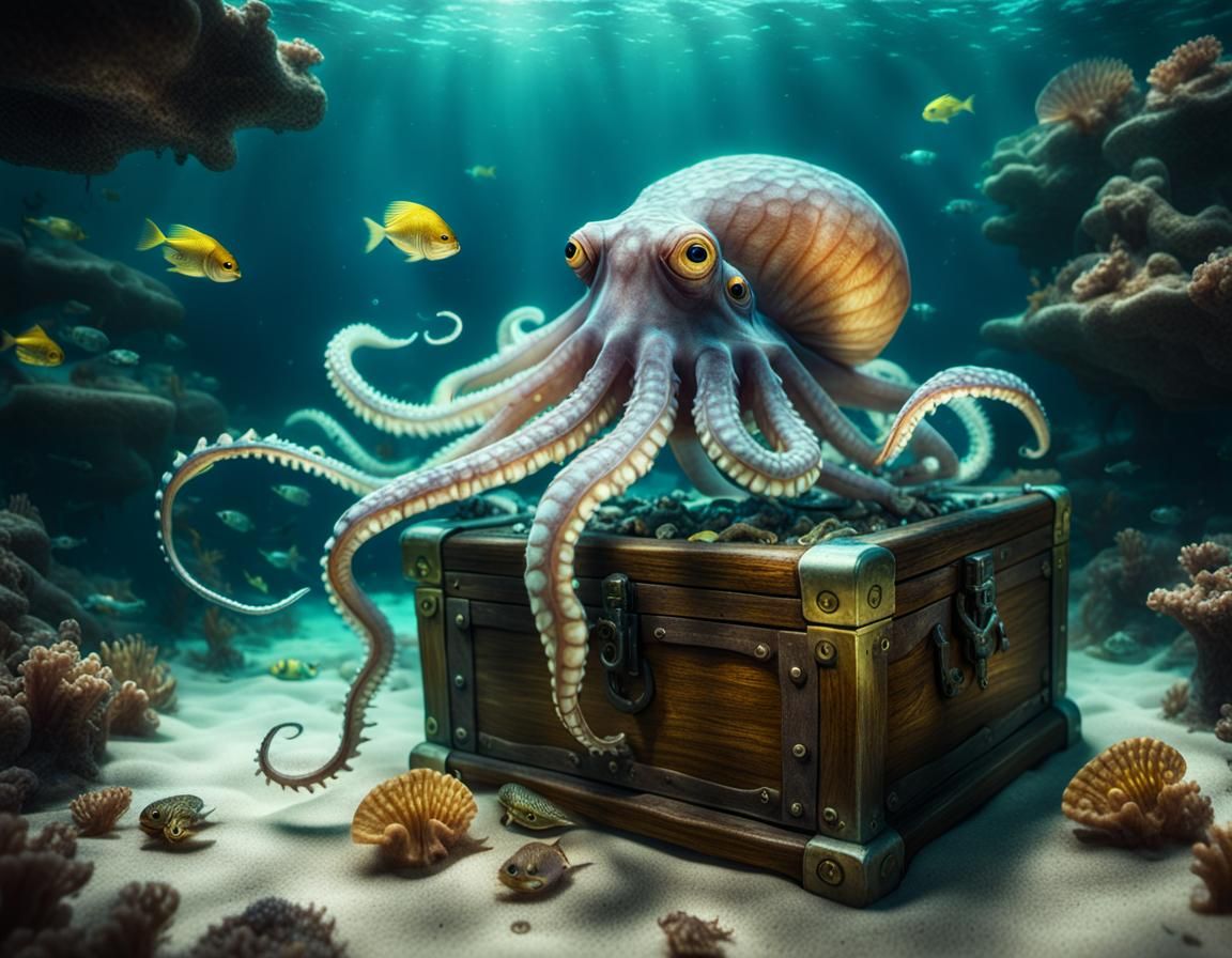 Glowing Octopus on Sunken Treasure Chest