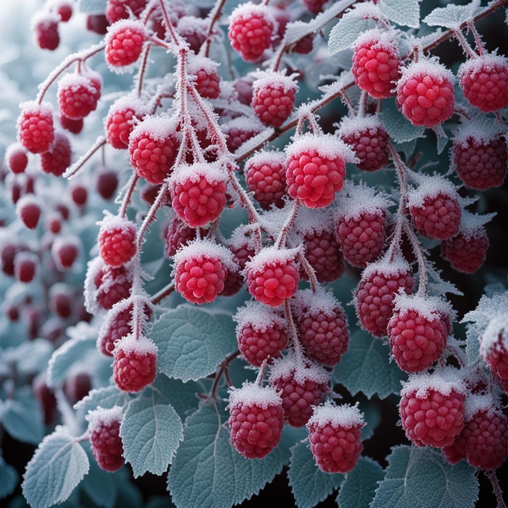 Frost-Kissed Raspberries: A Large Format Photograph