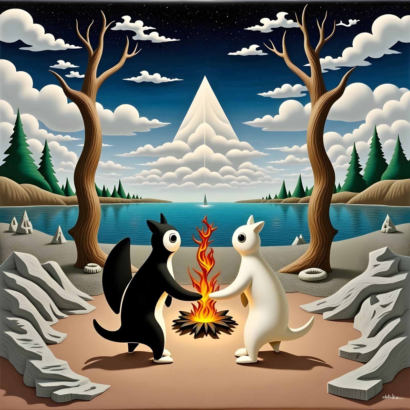 Nighttime Lakeside Campfire Gathering of Dogs