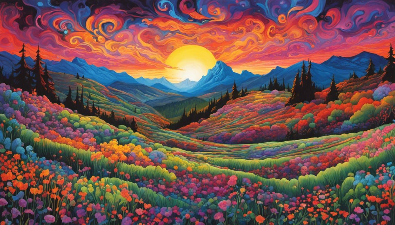 Vibrant Fantasy Landscape in Gouache Style