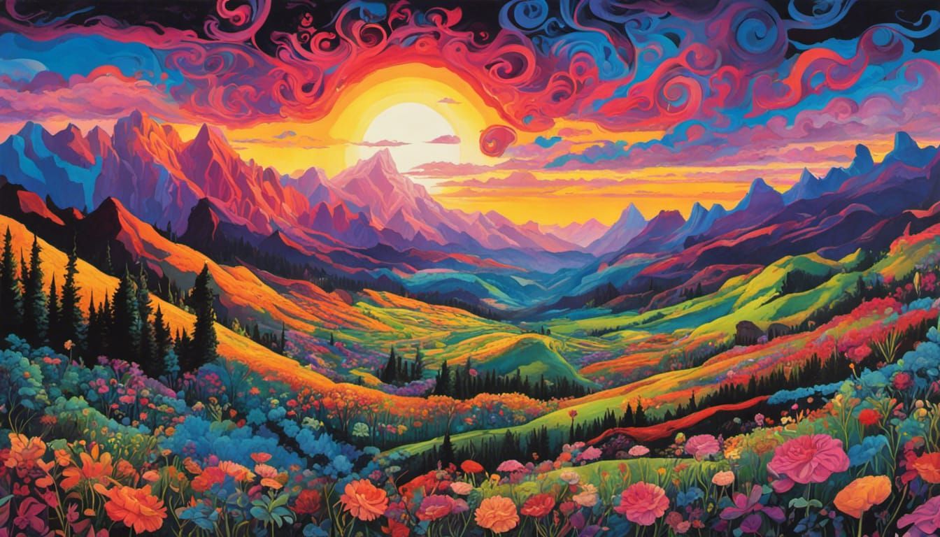 Vibrant Fantasy Landscape in Gouache Style
