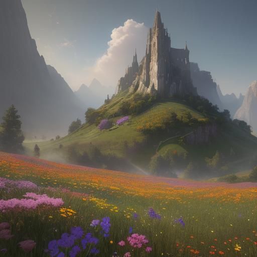 Fantastical Flower Meadow in Detailed Matte Painting