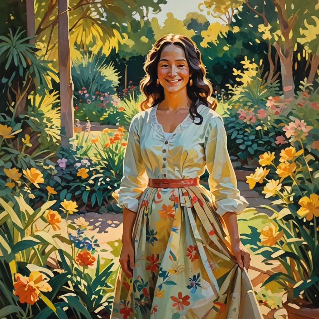 Mona Lisa in Sunlit Garden: An Impressionist Gouache