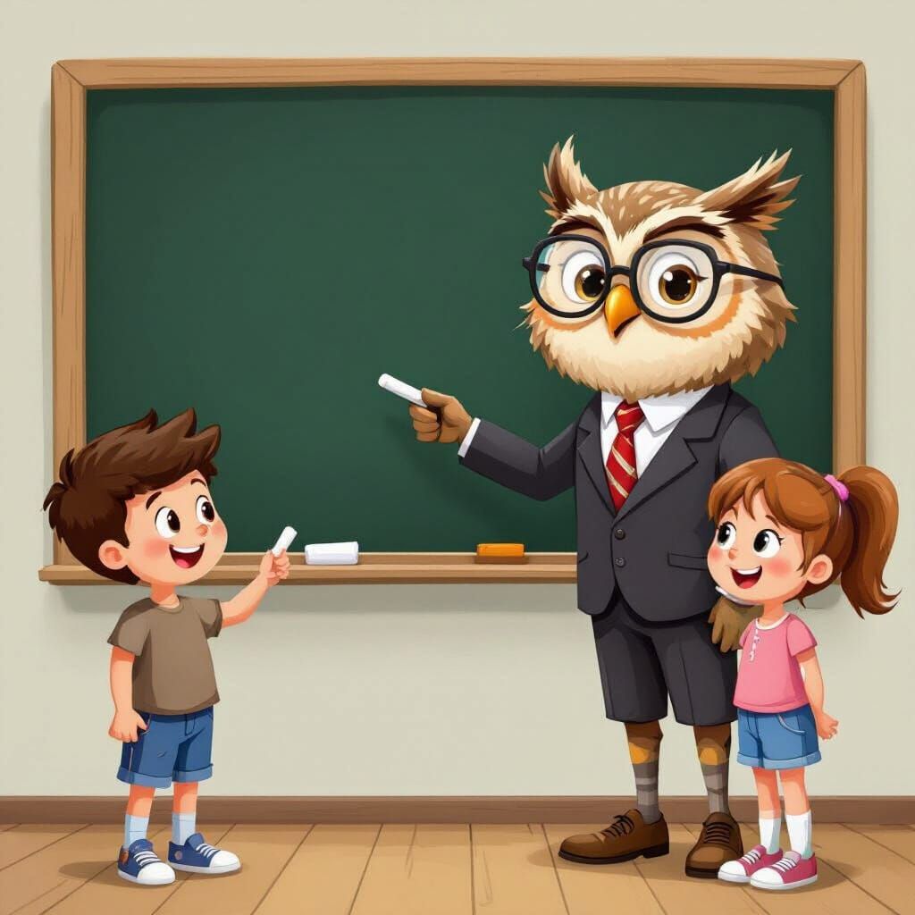Owl Teacher and Students at Chalkboard Cartoon Style