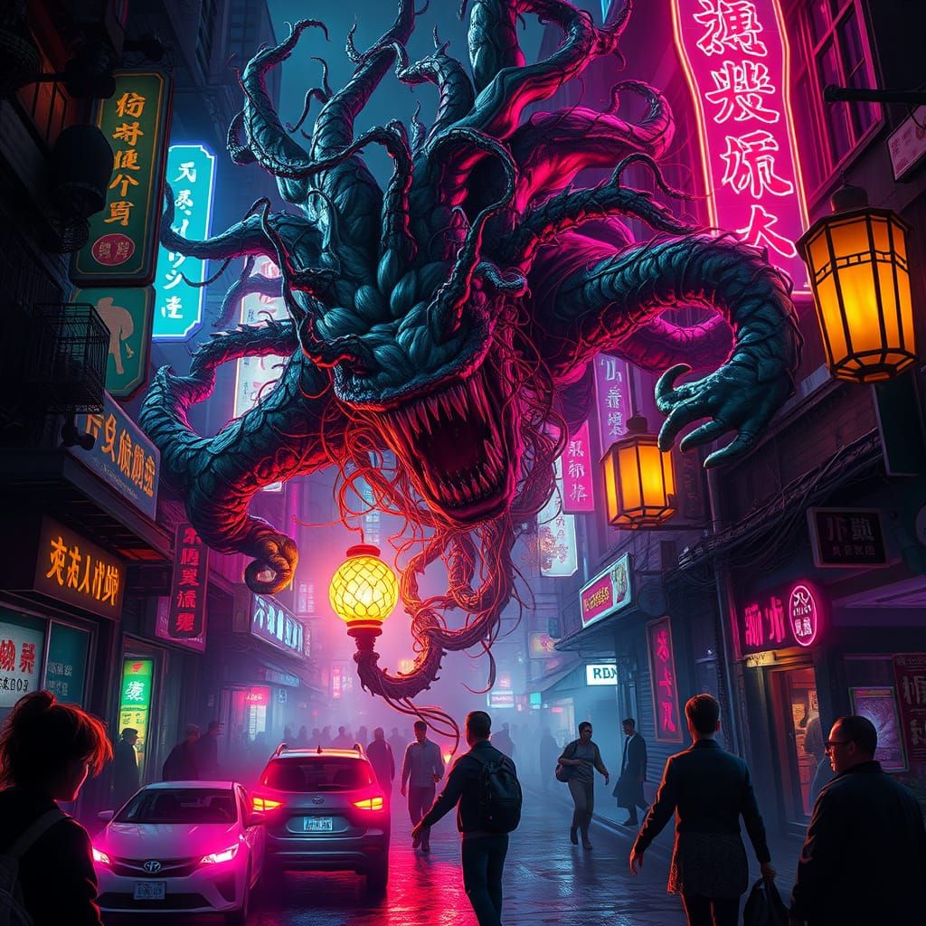 Grotesque Plant-Demon Hybrid in Neon Chinatown