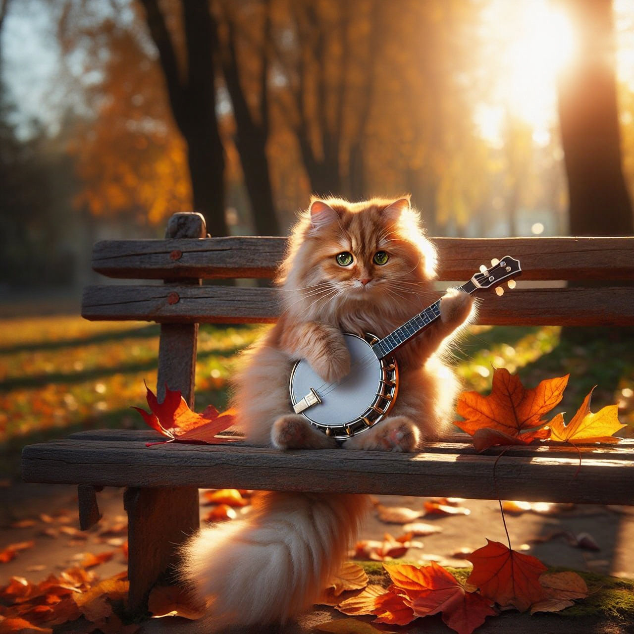 Ginger Cat Plays Banjo in Autumn Park