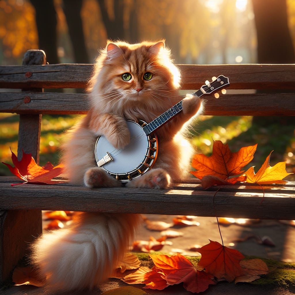 Ginger Cat Plays Banjo on Autumn Park Bench
