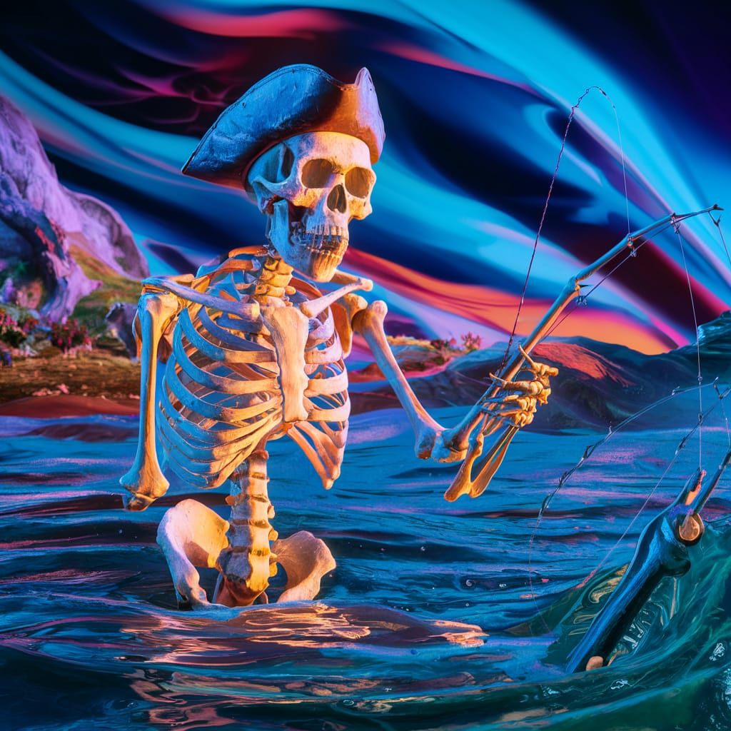 Pirate Skeleton Fishing: Hyper-Realistic Underwater Scene