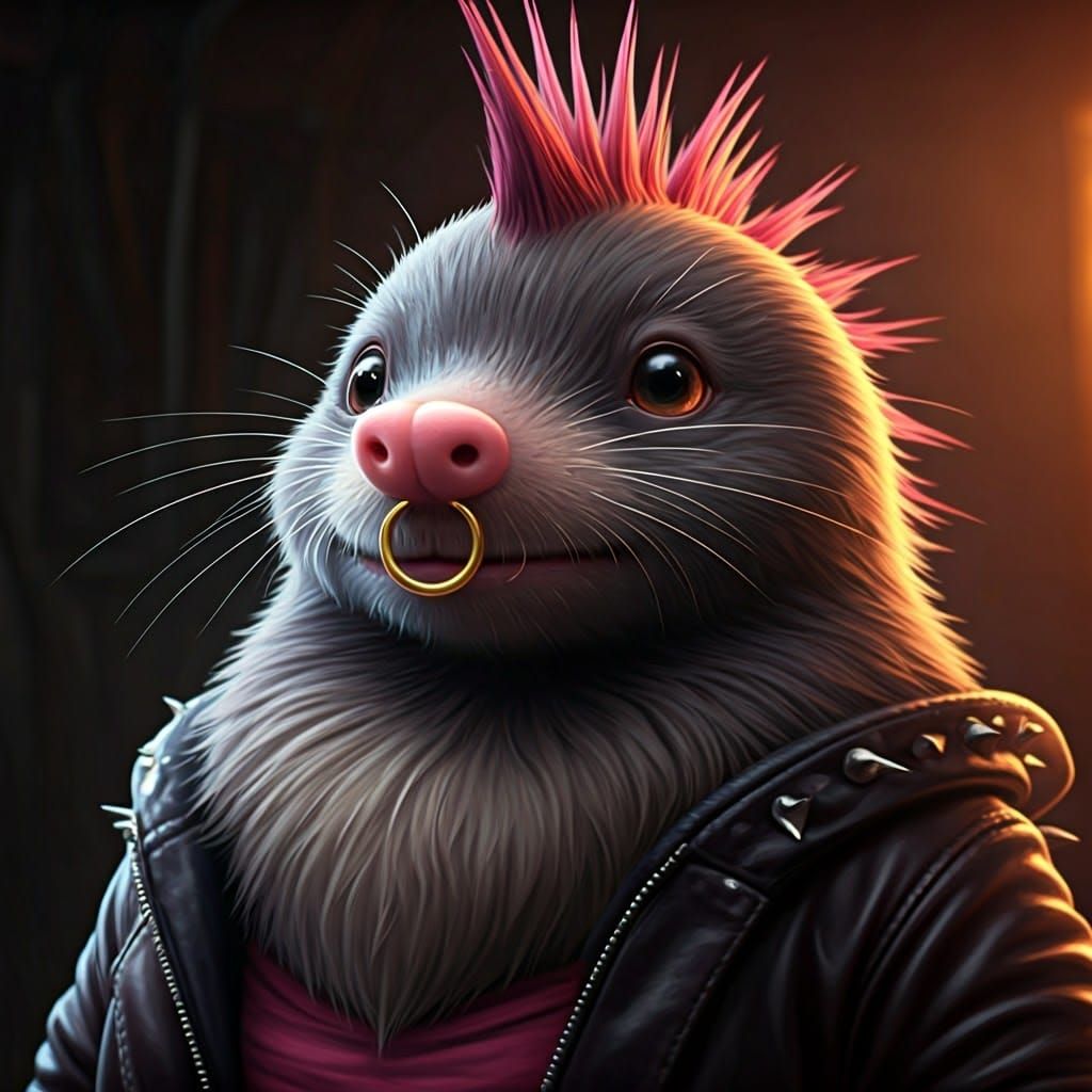 Punk Rock Star-Nosed Mole Girl in Whimsical Basement Scene