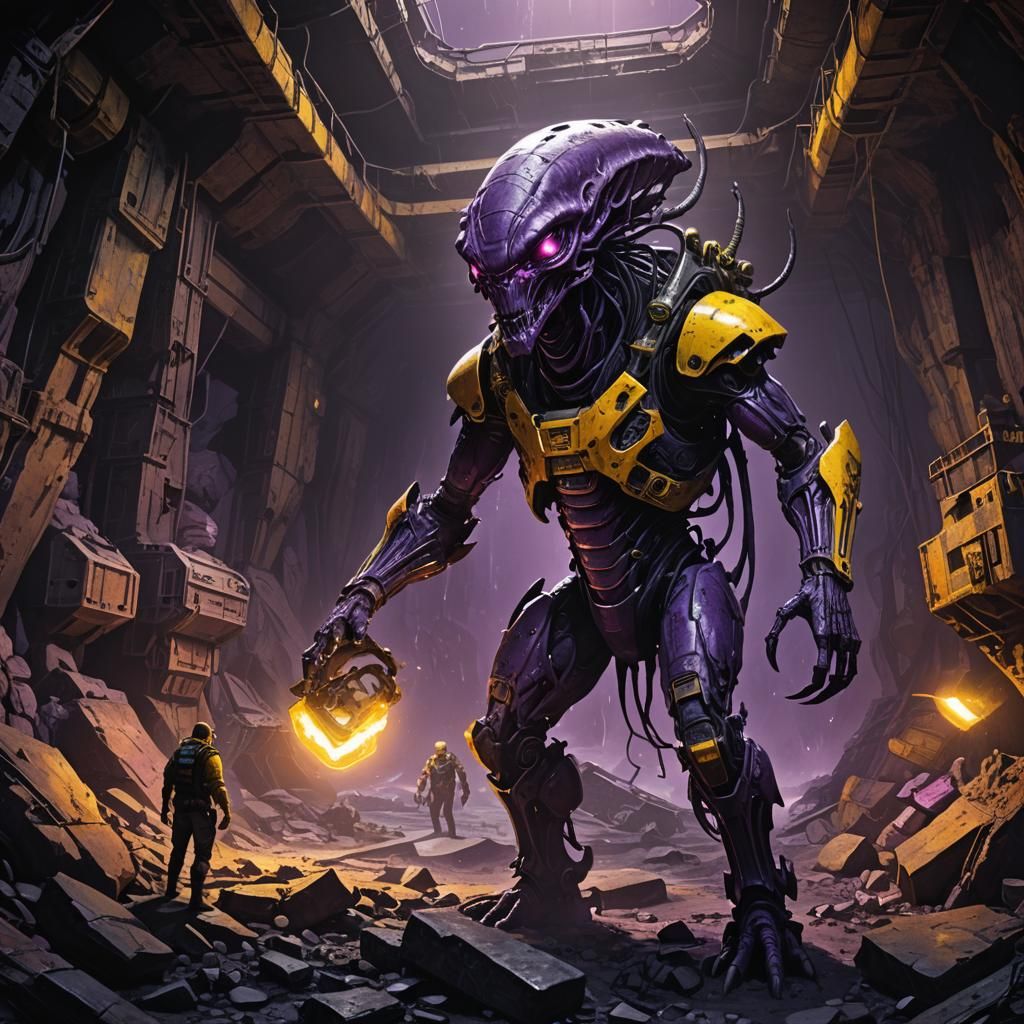 Elite Alien Hunter in Underground Mine: Dark Fantasy Art