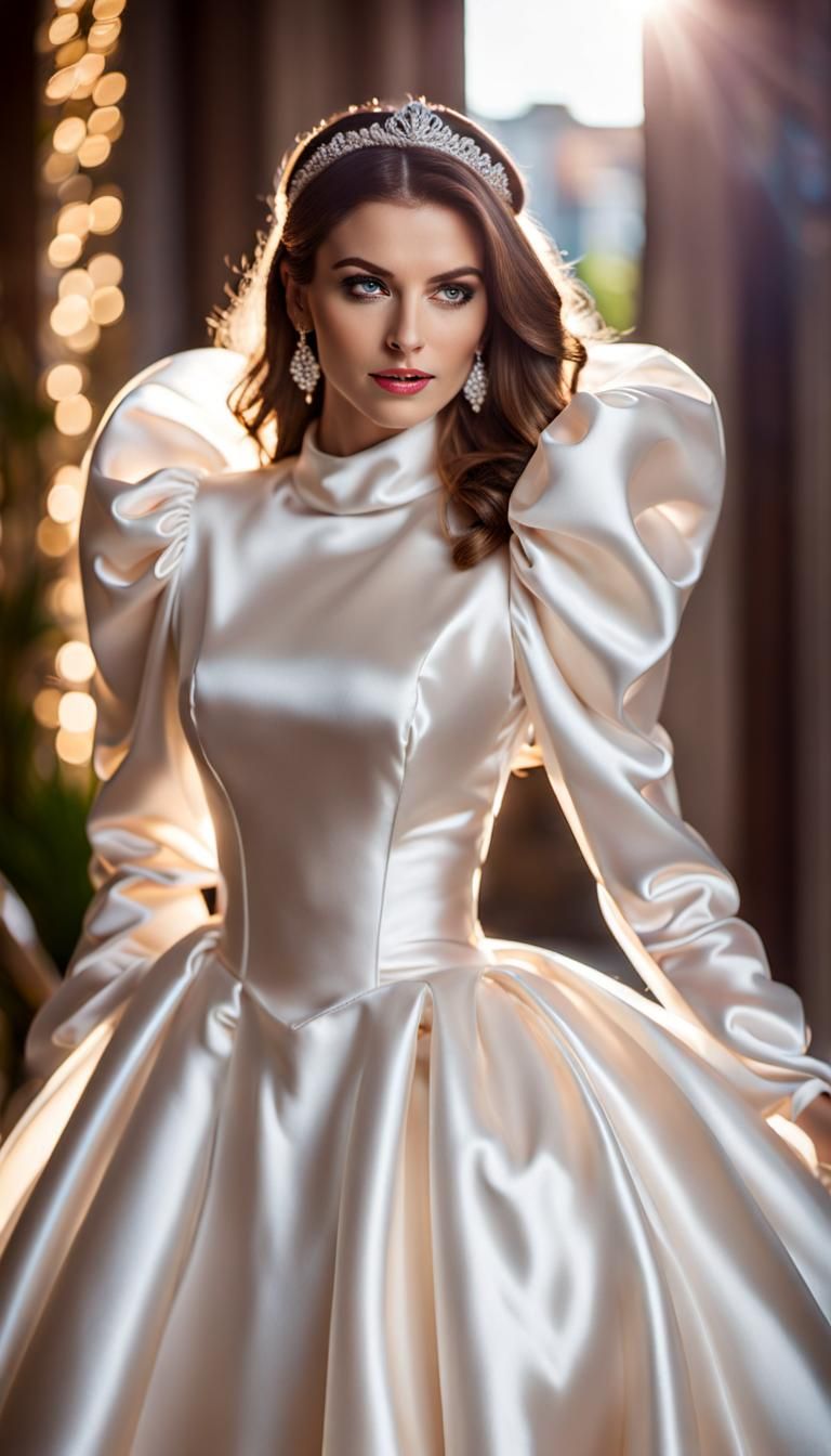 Woman in Satin Gown with Exaggerated Sleeves