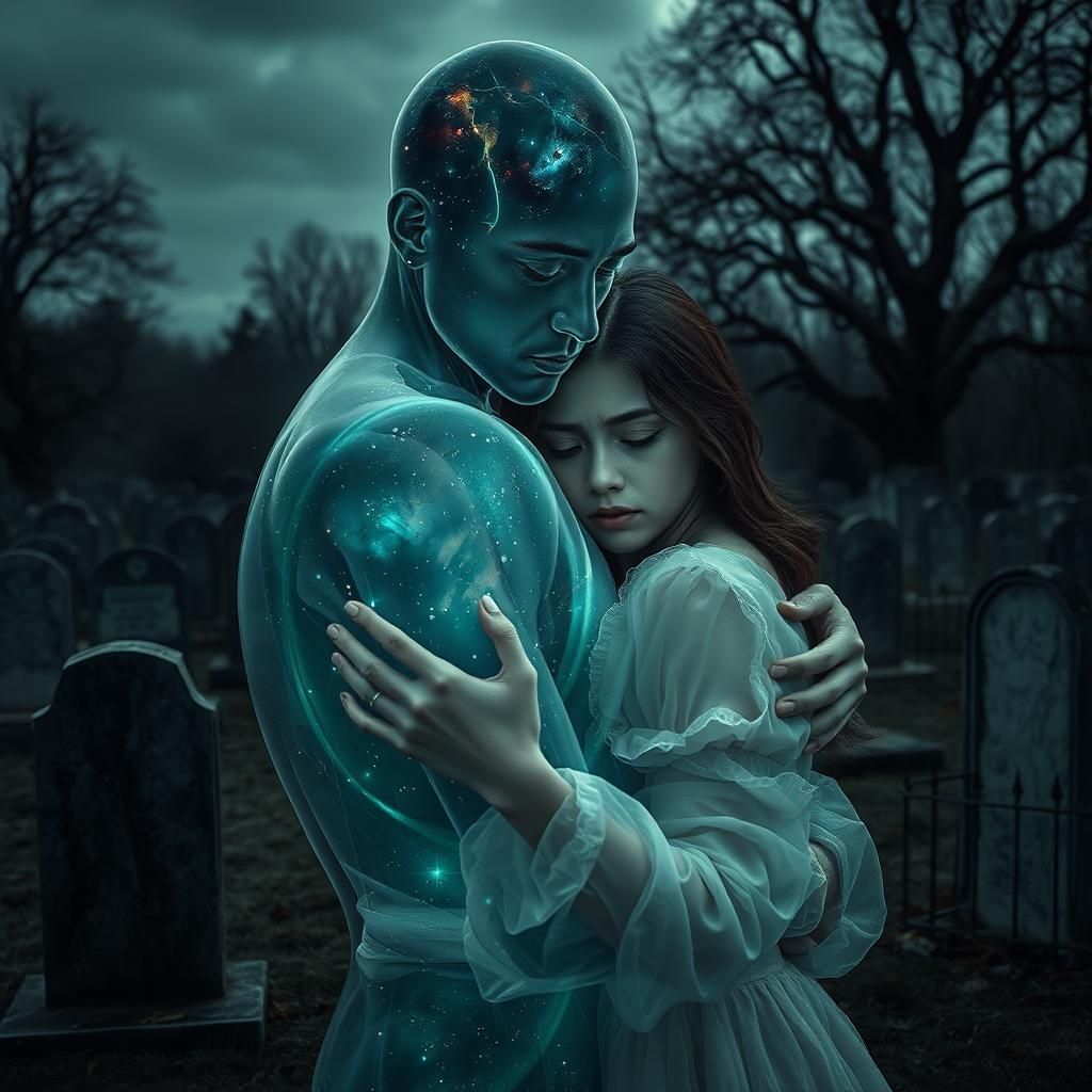 Ethereal Spirit Comforting Grieving Woman in Graveyard