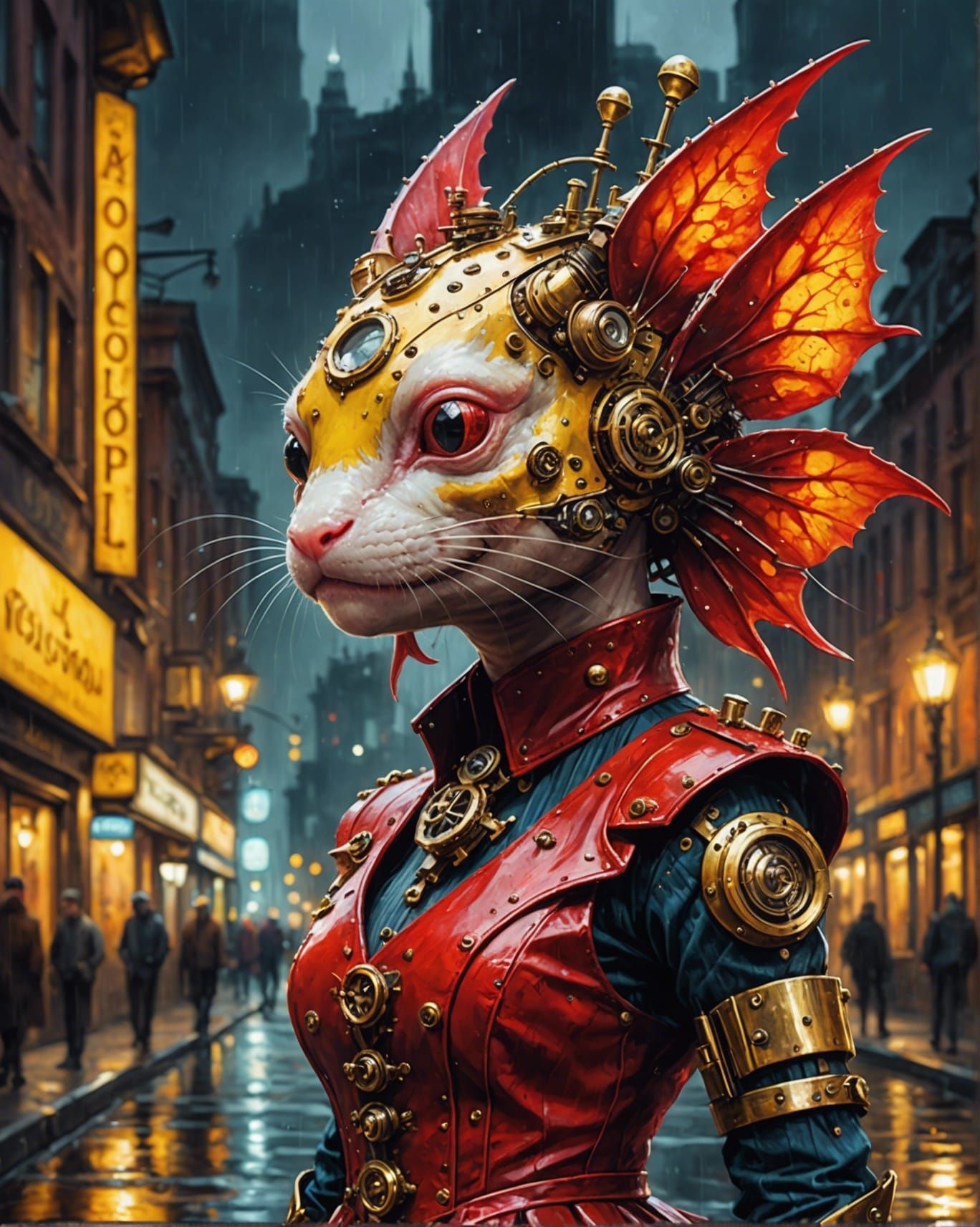 Steampunk Axolotl in Red Dress Illustration