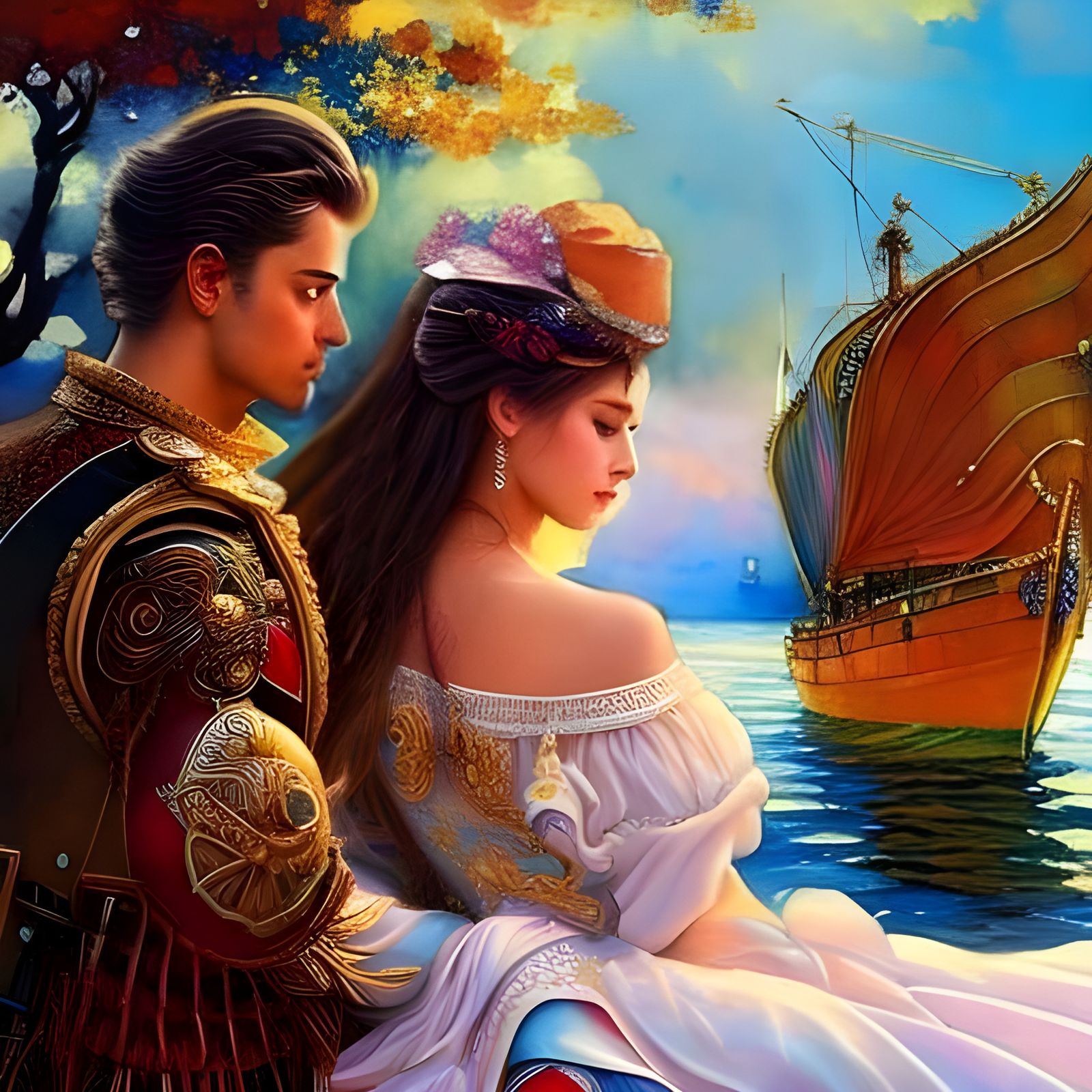 Romantic Couple on Beach: Vibrant Acrylic Painting