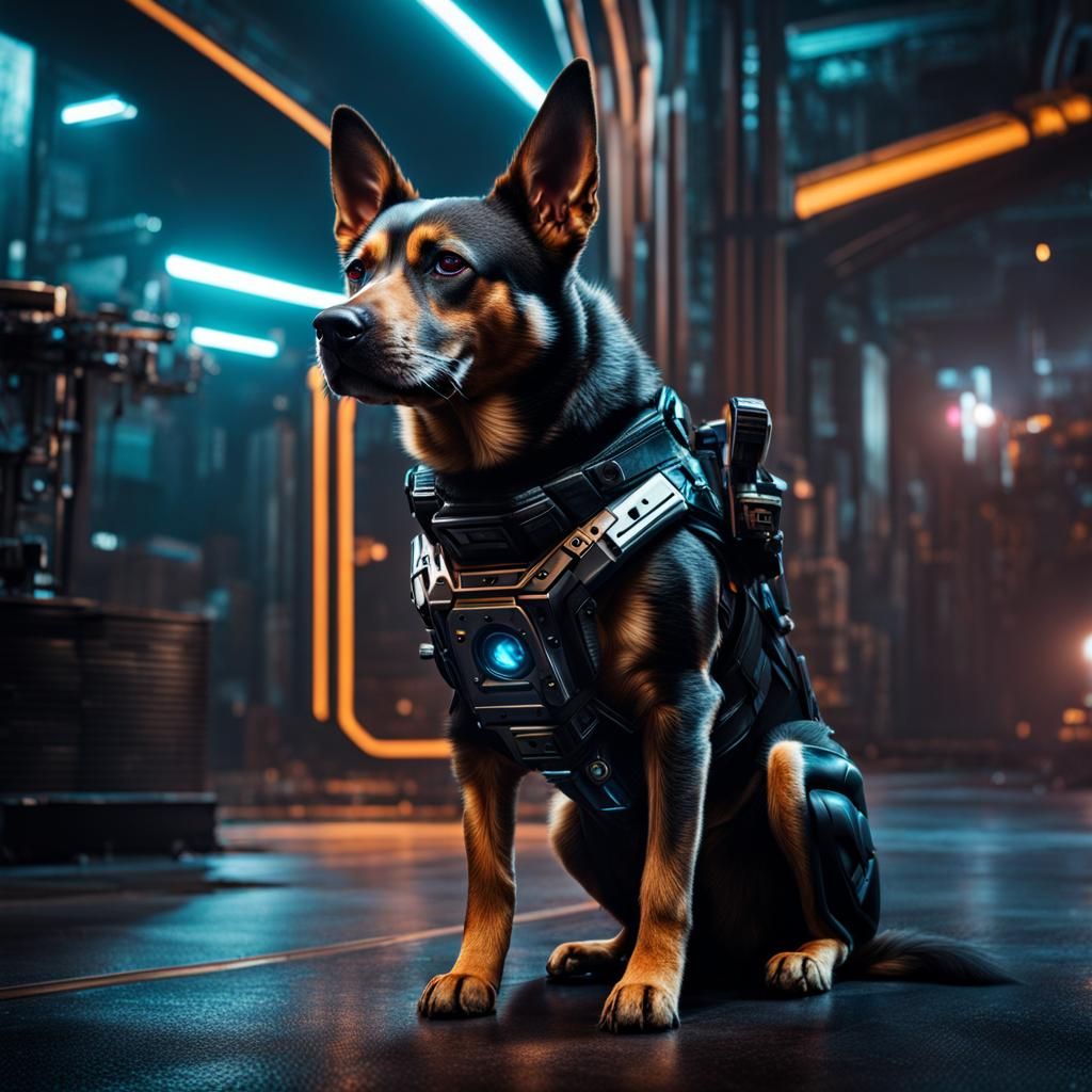 Hyperrealistic Cyberpunk Dog Portrait in HDR
