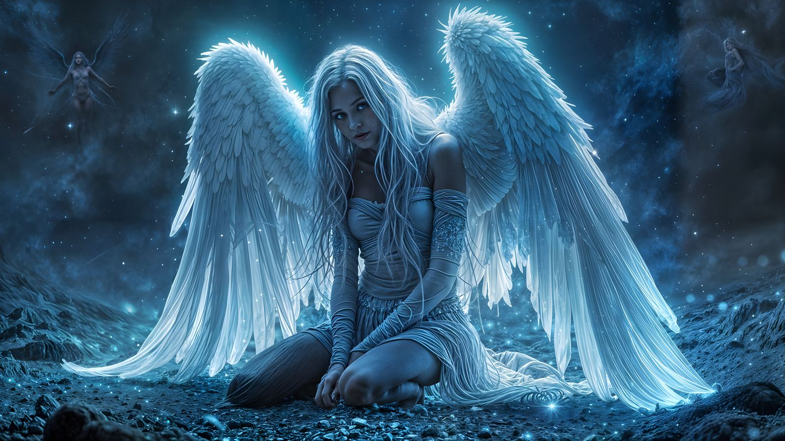 Celestial Dark Angel Kneeling Under Starry Sky
