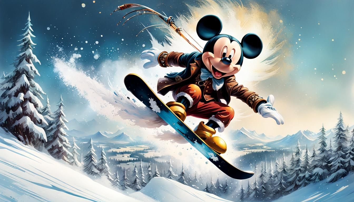 Steampunk Mickey Mouse Skiing Backflip Winterscape